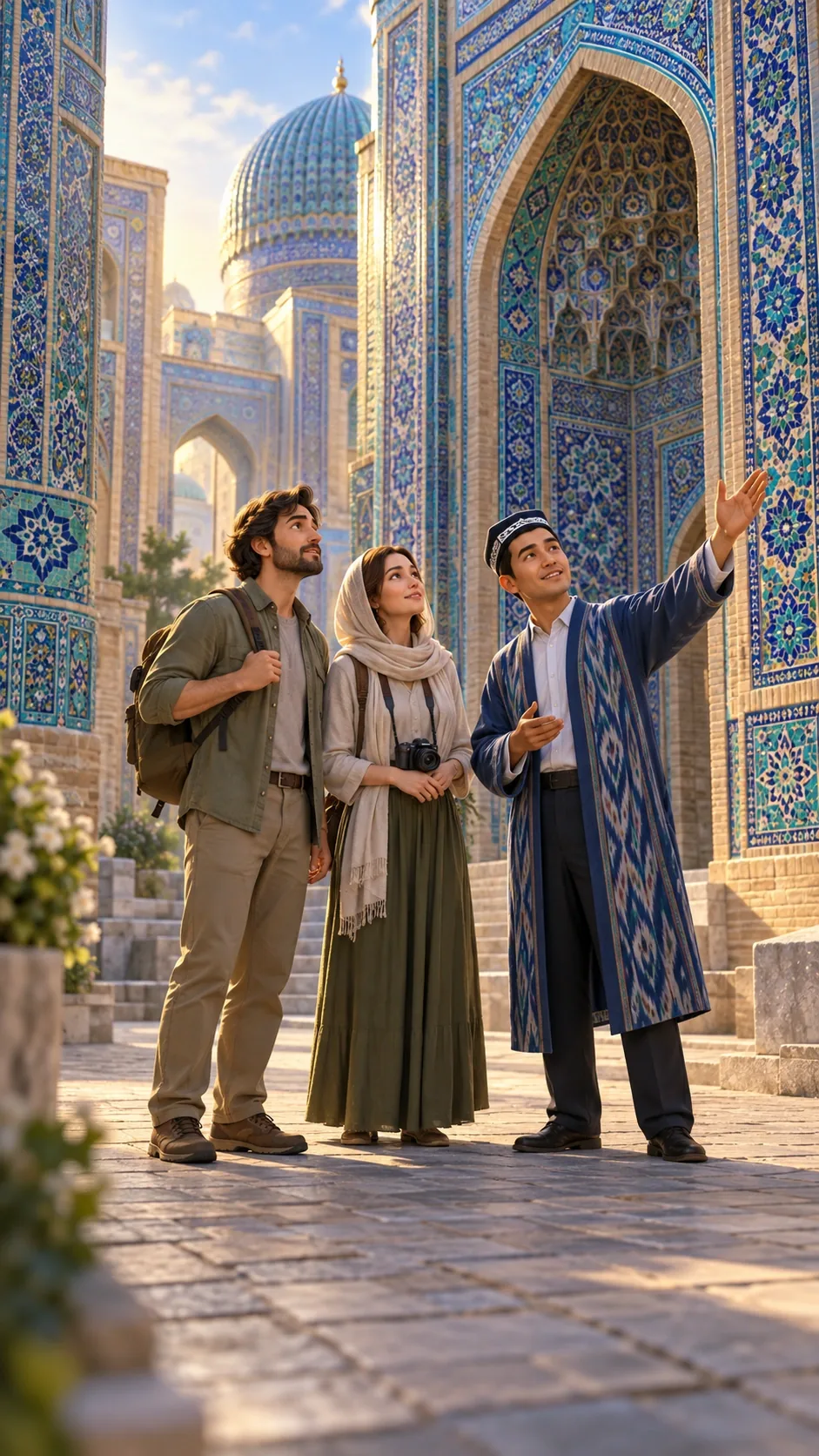 Imagined modern travellers with a guide. The illustrated setting is inspired by Samarkand.