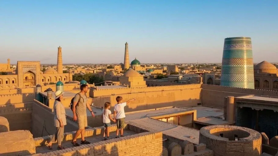 A family looking across a sunlit city in the ziyarat.site promotional film